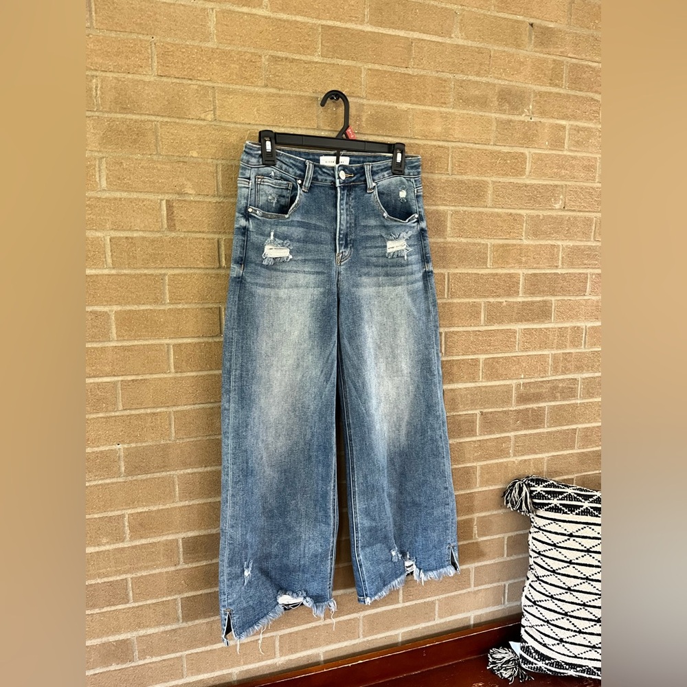 High-Rise Wide Leg Distressed Jeans - Blue - Picture 2 of 4